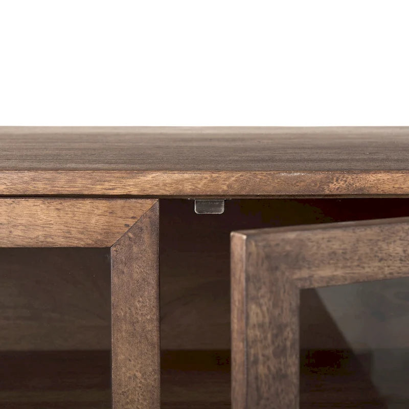 Arelius Light Brown w/ Black Metal Base 4 Door Glass Cabinet Sideboard - 70.0L x 18.0W x 32.0H