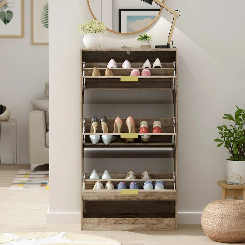 Timechee Shoe Cabinet with 3 Mirrored Flip Drawers, Free Standing Slim