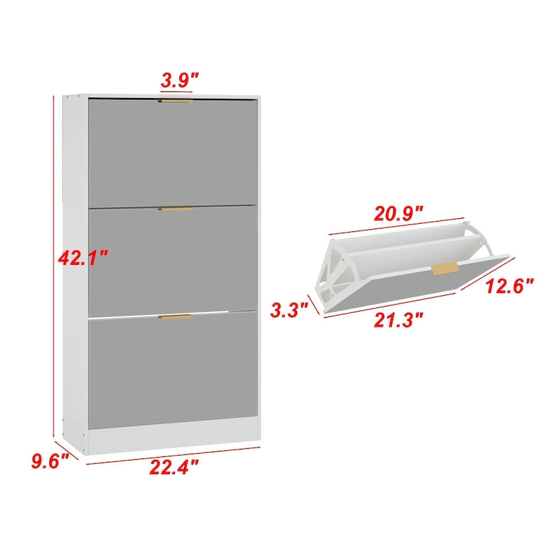 Timechee Shoe Cabinet with 3 Mirrored Flip Drawers, Free Standing Slim