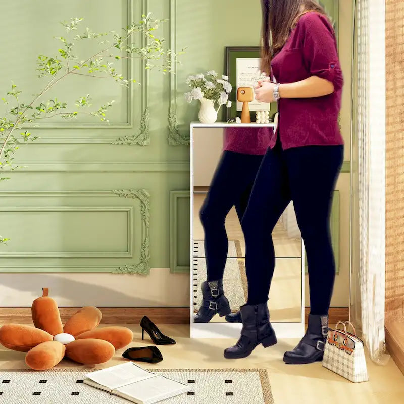 Timechee Shoe Cabinet with 3 Mirrored Flip Drawers, Free Standing Slim