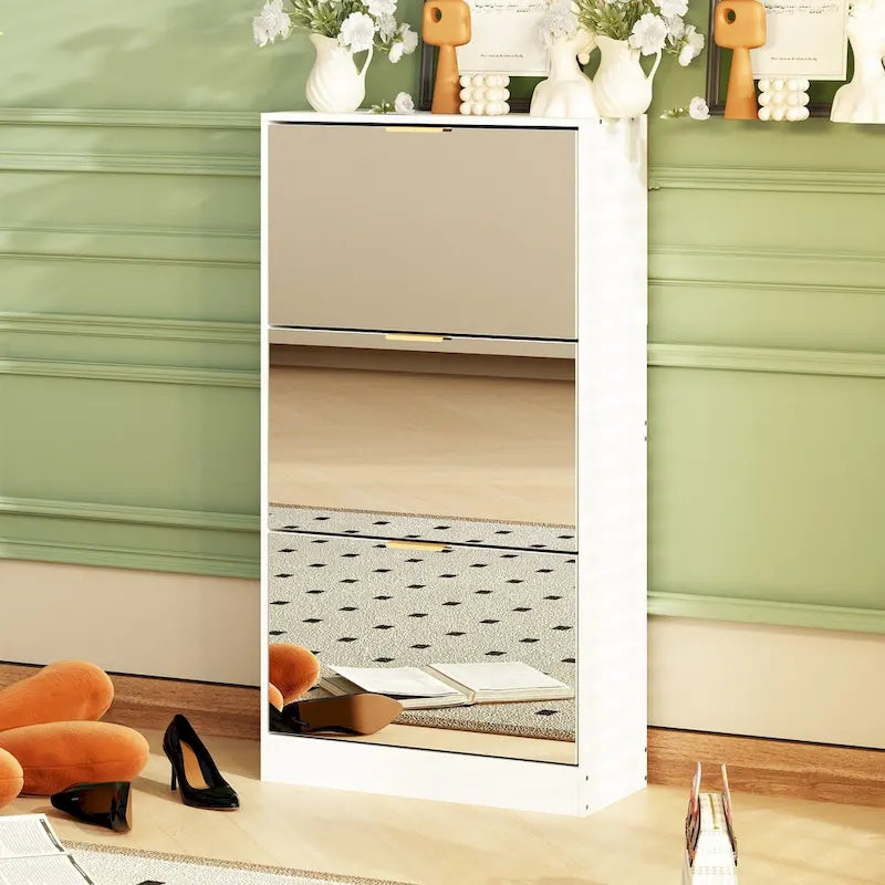 Timechee Shoe Cabinet with 3 Mirrored Flip Drawers, Free Standing Slim