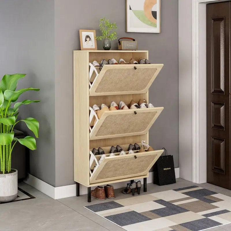 Natural Rattan 3 Door Shoe Rack Shoe Storage Cabinet