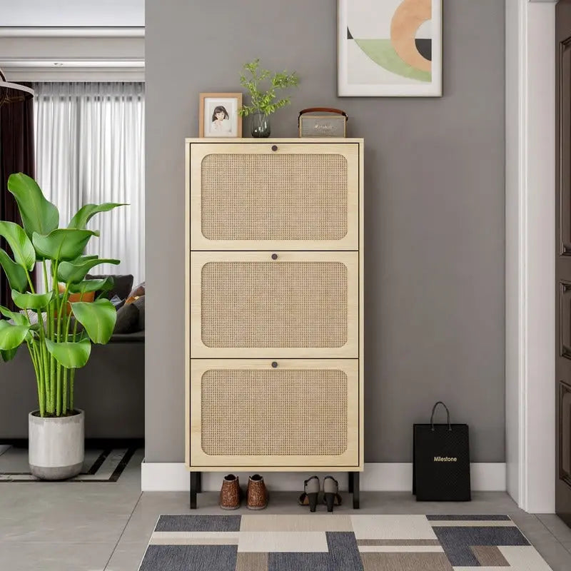 Natural Rattan 3 Door Shoe Rack Shoe Storage Cabinet