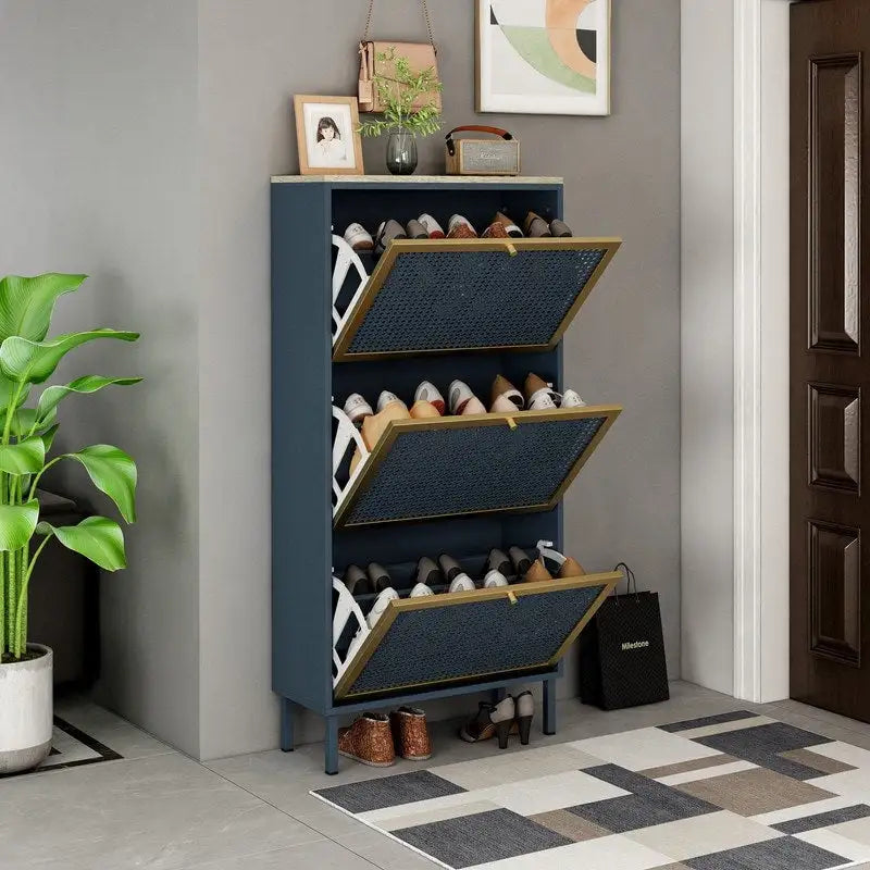 Natural Rattan 3 Door Shoe Rack Shoe Storage Cabinet