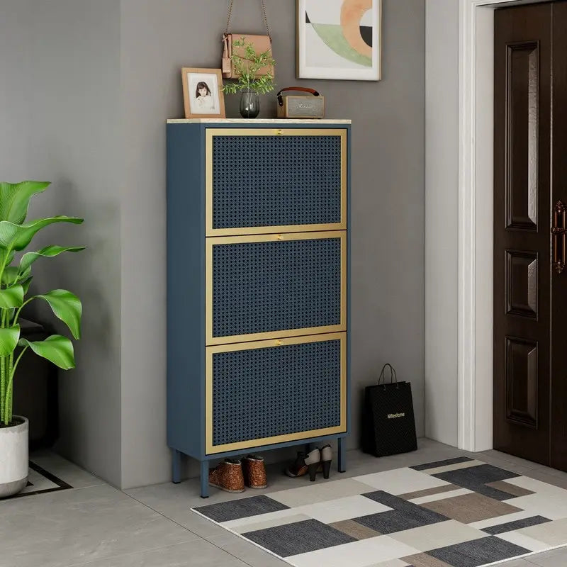 Natural Rattan 3 Door Shoe Rack Shoe Storage Cabinet