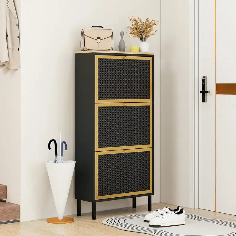 Natural Rattan 3 Door Shoe Rack Shoe Storage Cabinet