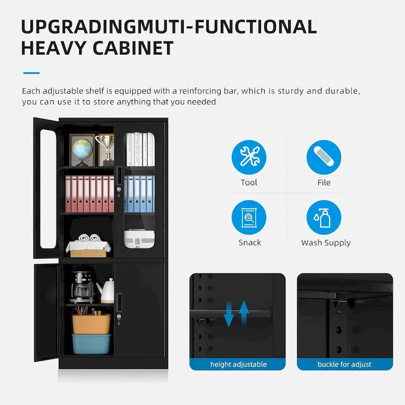 5-Tier Metal Storage Cabinet Glass Display Cabinet with Lockable Doors and Adjustable Shelves