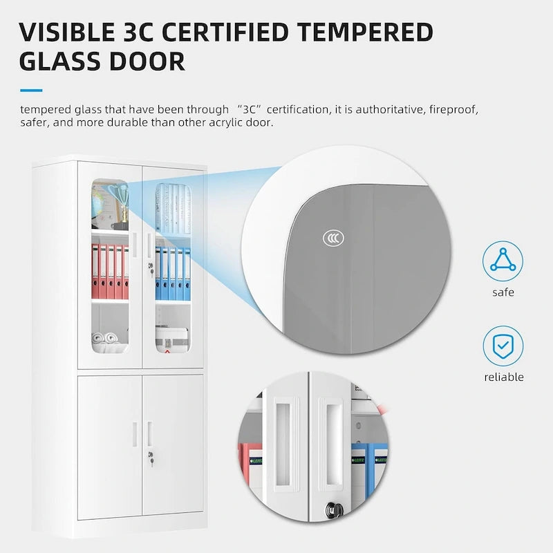 5-Tier Metal Storage Cabinet Glass Display Cabinet with Lockable Doors and Adjustable Shelves