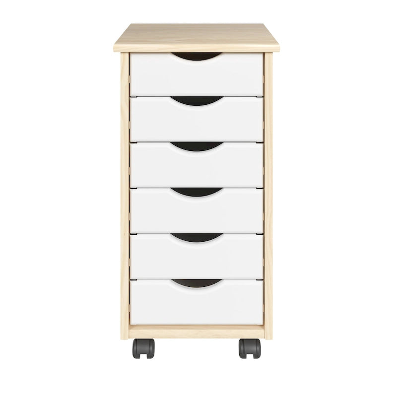 Adeptus Original Roll Cart, Solid Wood, 6 Drawer Narrow Roll Cart, Natural and White