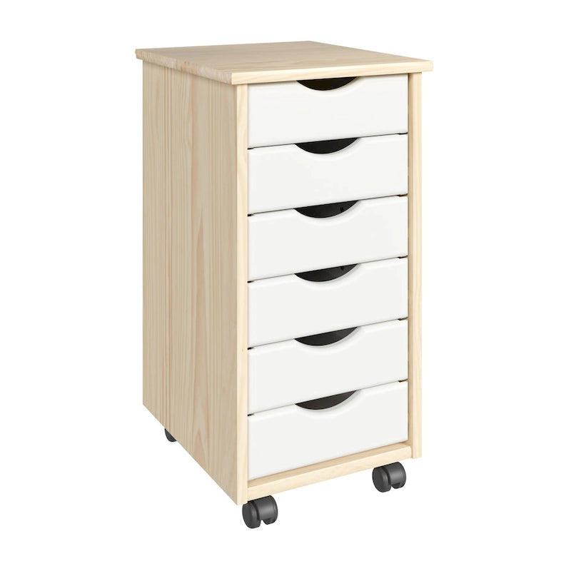 Adeptus Original Roll Cart, Solid Wood, 6 Drawer Narrow Roll Cart, Natural and White