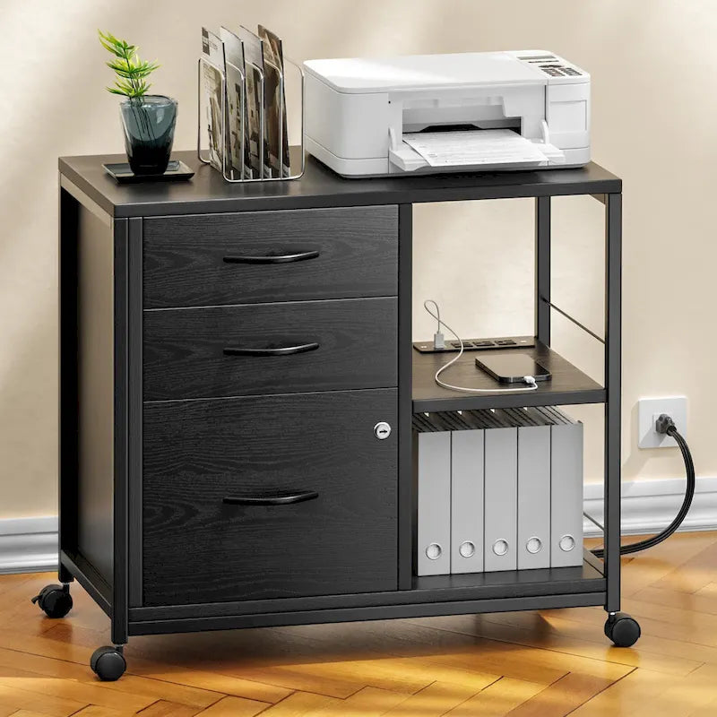 3 Drawer Wood File Cabinet with Socket Rolling Lateral Locking