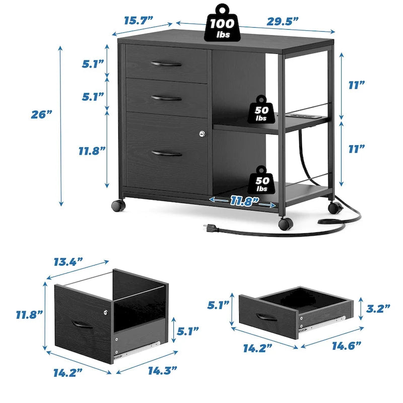 3 Drawer Wood File Cabinet with Socket Rolling Lateral Locking