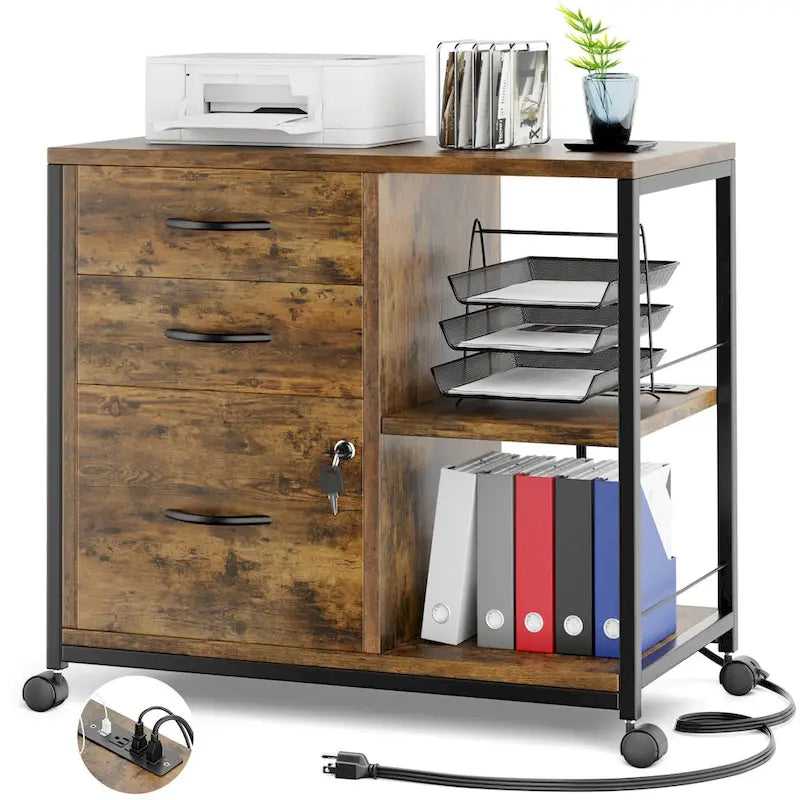 3 Drawer Wood File Cabinet with Socket Rolling Lateral Locking