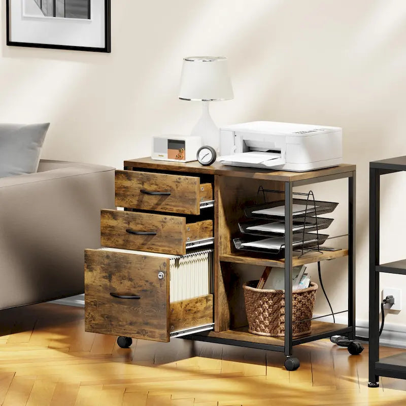 3 Drawer Wood File Cabinet with Socket Rolling Lateral Locking