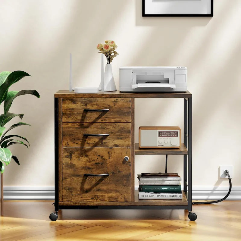 3 Drawer Wood File Cabinet with Socket Rolling Lateral Locking