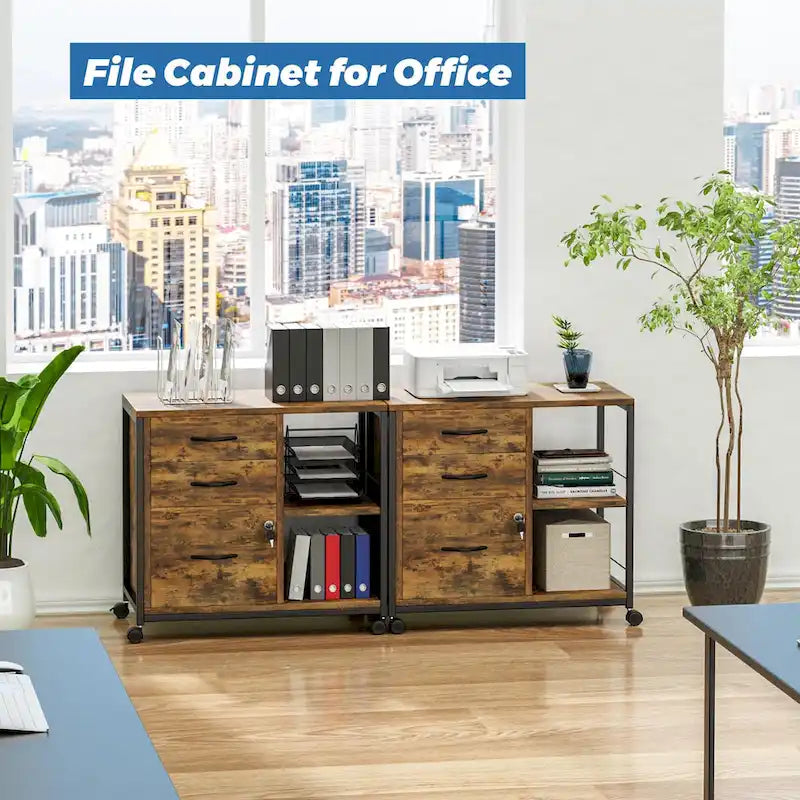 3 Drawer Wood File Cabinet with Socket Rolling Lateral Locking