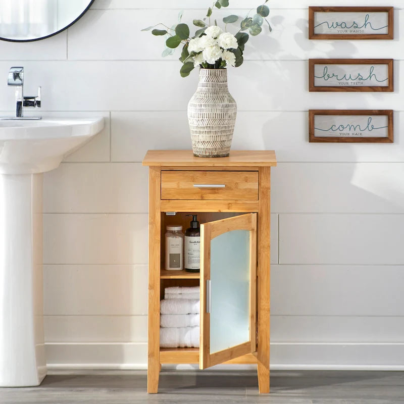 Simple Living Bamboo Glass Door Linen Floor Cabinet