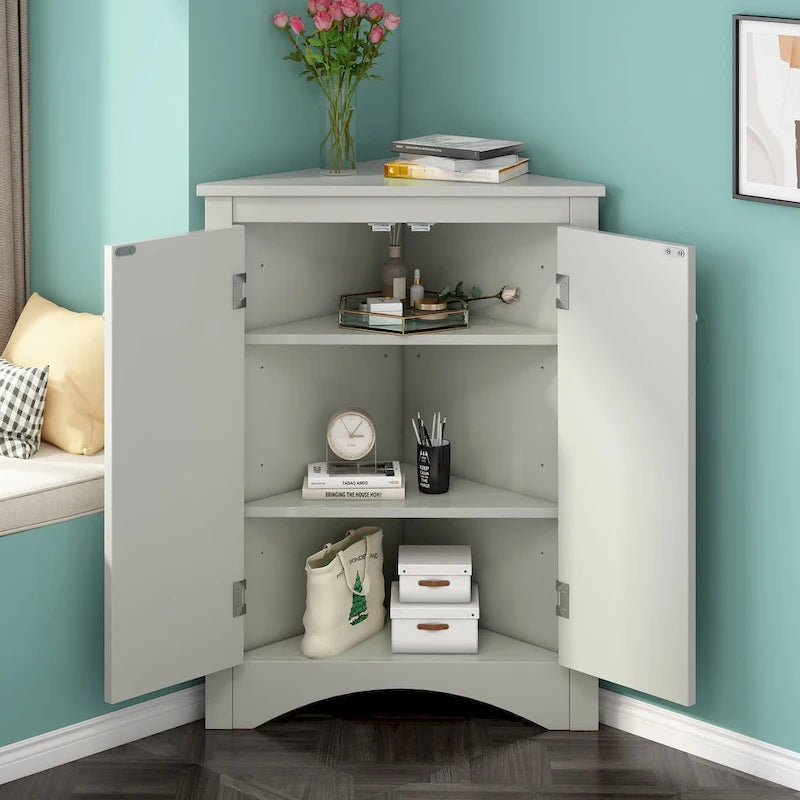 Free-Standing Corner Cabinet with 2 Doors and Adjustable Shelves - 31.5H