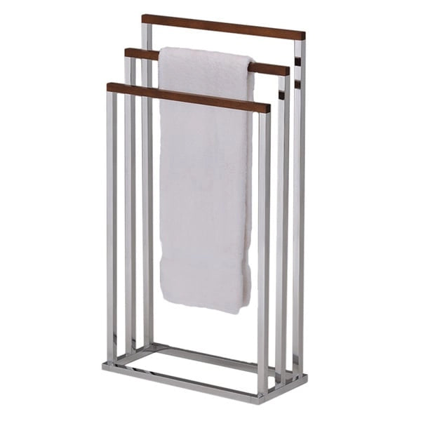 Chrome Metal/Walnut Wood Freestanding Towel Rack Stand