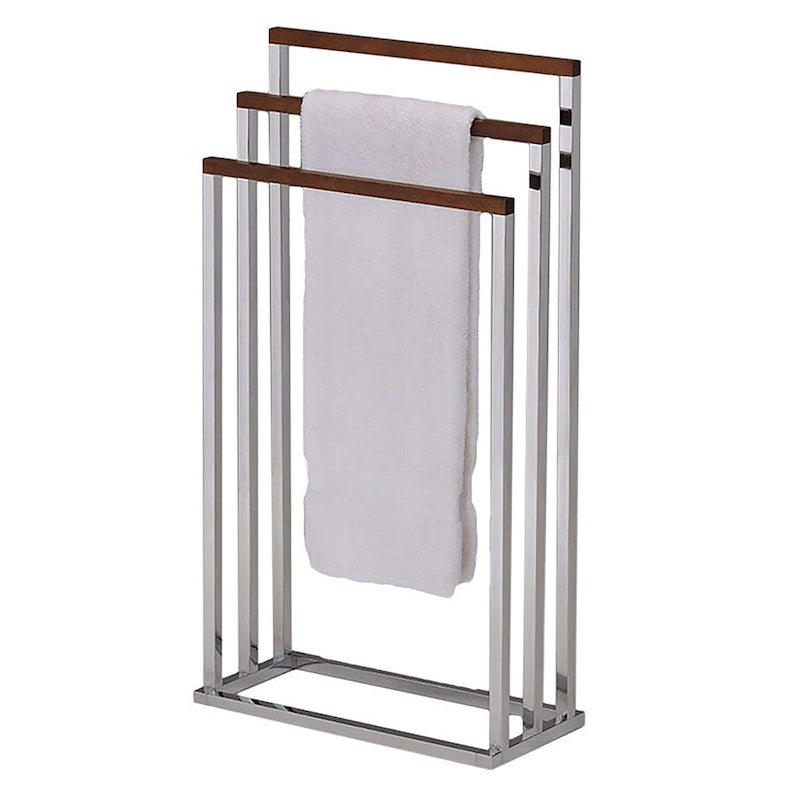 Chrome Metal/Walnut Wood Freestanding Towel Rack Stand
