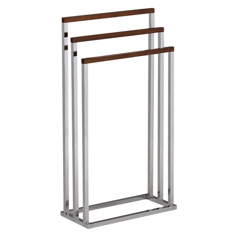 Chrome Metal/Walnut Wood Freestanding Towel Rack Stand