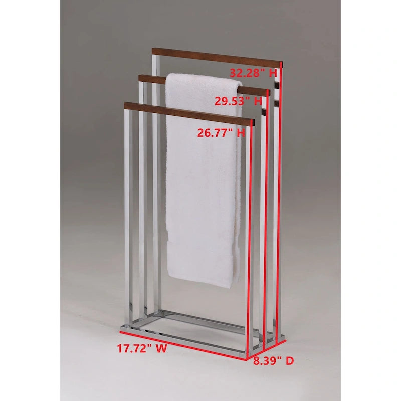 Chrome Metal/Walnut Wood Freestanding Towel Rack Stand