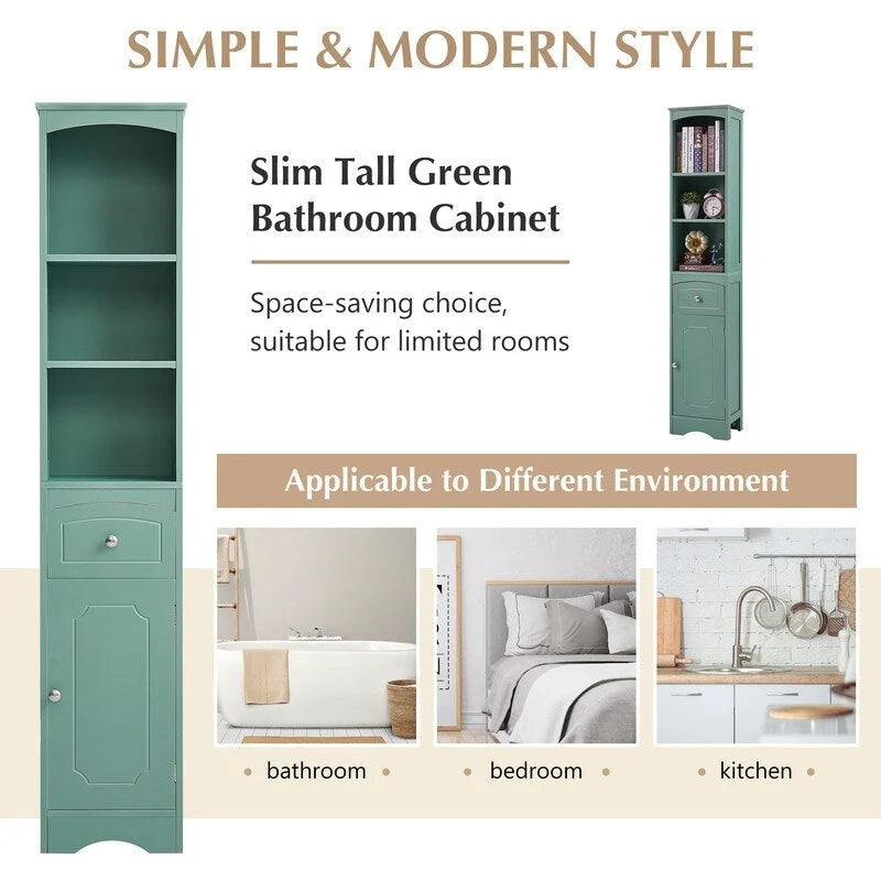 67 Tall Bathroom Cabinet, Freestanding Storage Cabinet with Drawer, MDF Board, Adjustable Shelf, Green