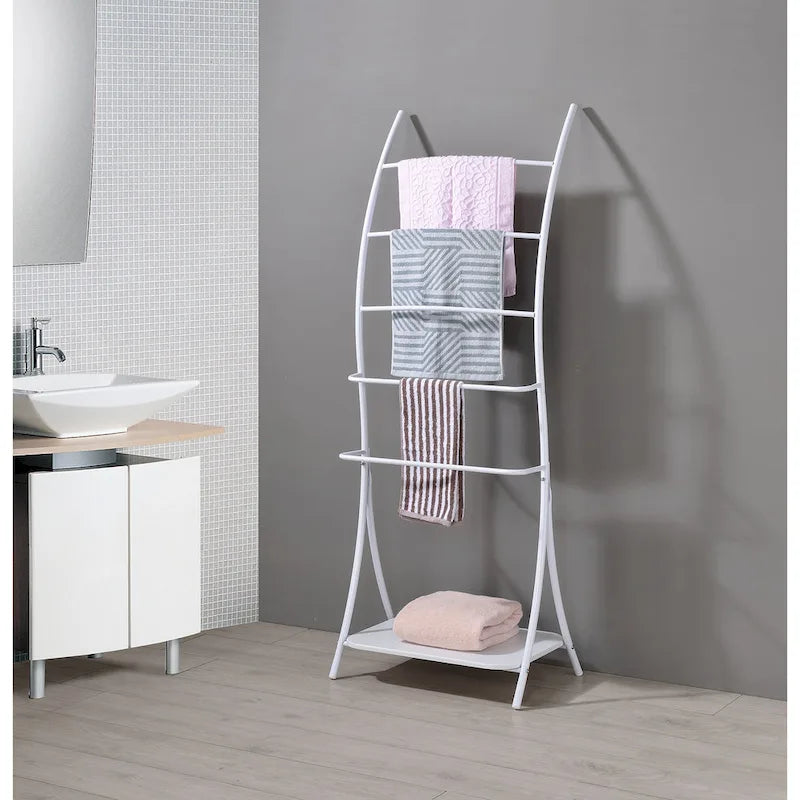 5-Tier Freestanding Metal Towel Rack with Storage Shelf, White