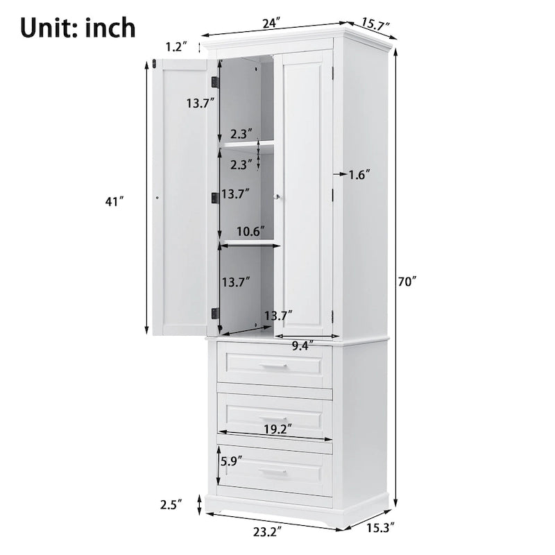 24 x 15.7 x 70 Freestanding Bathroom Cabinet with 3 Drawers