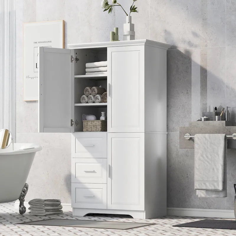 Tall Bathroom Storage Cabinet with Doors, Three Drawers