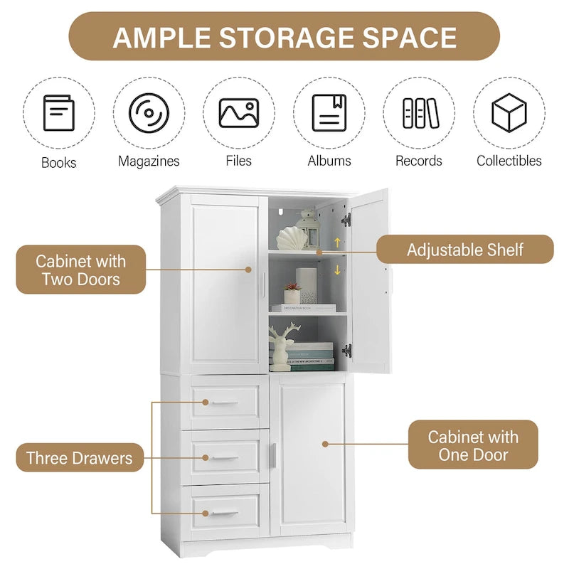 Tall Bathroom Storage Cabinet with Doors, Three Drawers