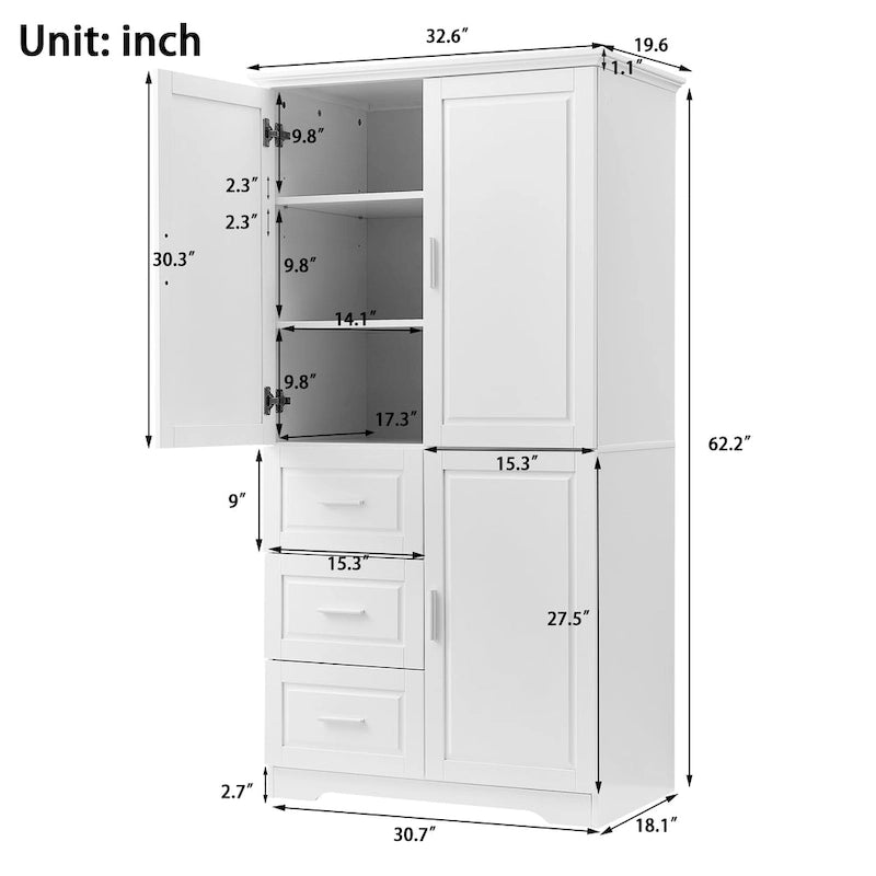 Tall Bathroom Storage Cabinet with Doors, Three Drawers