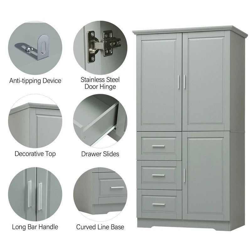 Tall Bathroom Storage Cabinet with Doors, Three Drawers