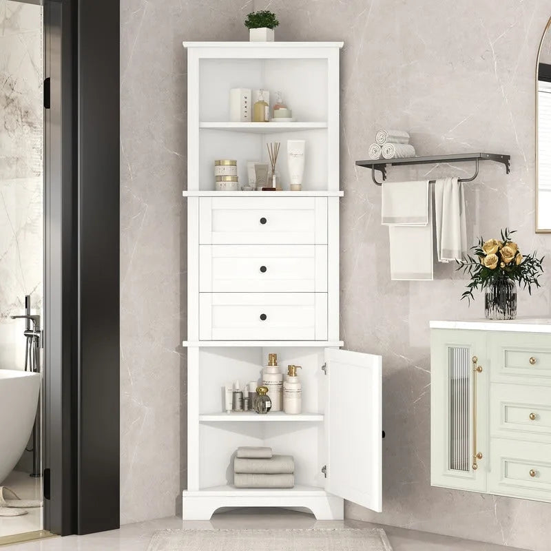 White Triangle Tall Cabinet with 3 Drawers and Adjustable Shelves for Bathroom, MDF Board with Painted Finish