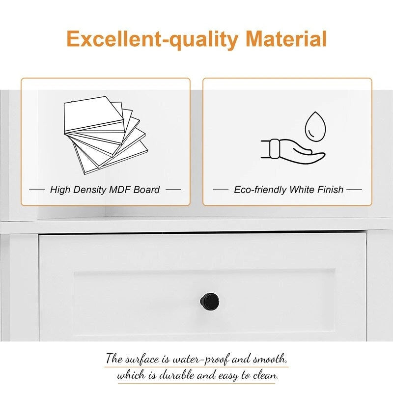 White Triangle Tall Cabinet with 3 Drawers and Adjustable Shelves for Bathroom, MDF Board with Painted Finish