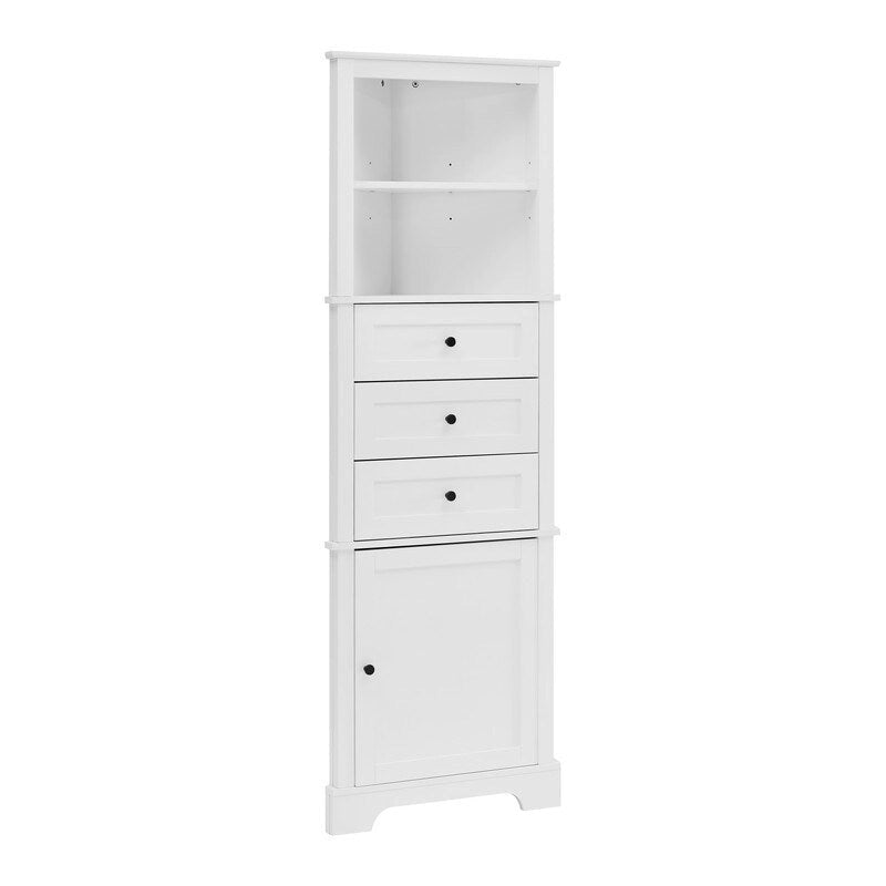 White Triangle Tall Cabinet with 3 Drawers and Adjustable Shelves for Bathroom, MDF Board with Painted Finish