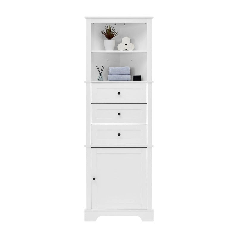White Triangle Tall Cabinet with 3 Drawers and Adjustable Shelves for Bathroom, MDF Board with Painted Finish