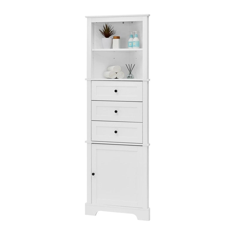 White Triangle Tall Cabinet with 3 Drawers and Adjustable Shelves for Bathroom, MDF Board with Painted Finish