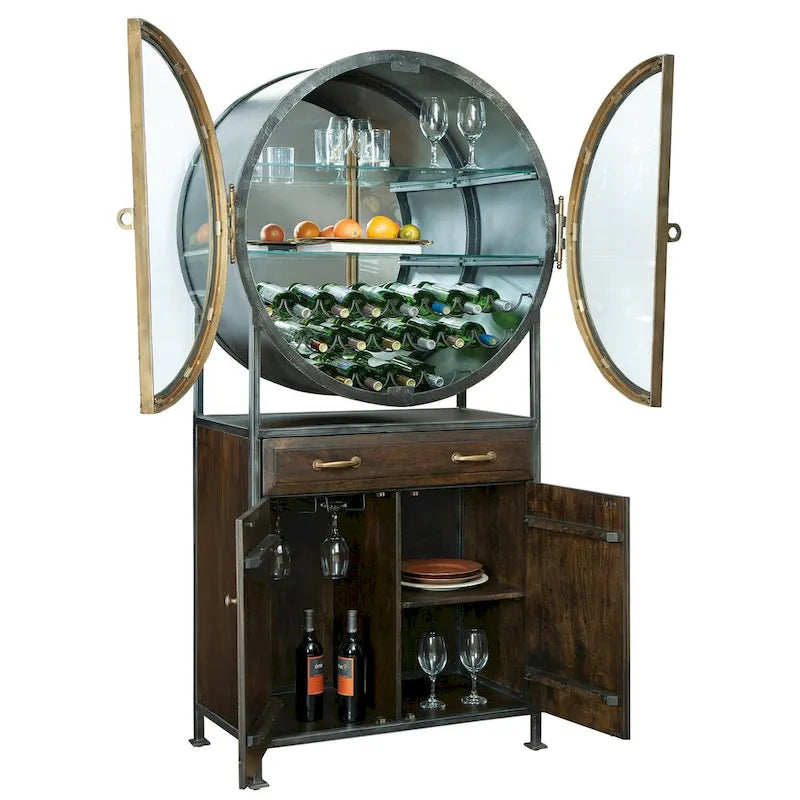 Brown Wood and Grey Metal Wine and Bar Cabinet by Howard Miller