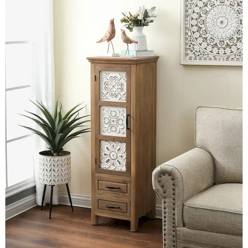 White and Brown Wood 2-Drawer and 1-Door Slim Storage Cabinet - 48.3 Tall