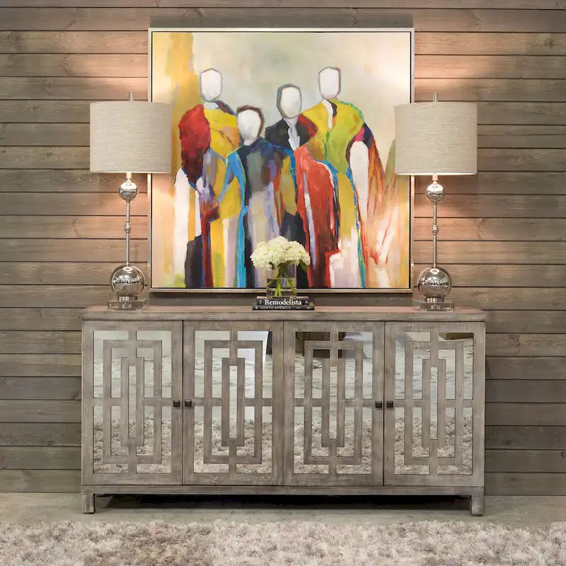 Harp & Finial Abbott 4-Door Gray Wash Beveled Mirror Sideboard