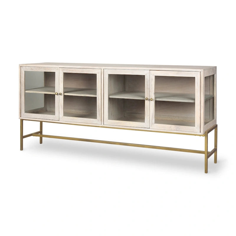 Arelius Blonde Solid Wood w/ Gold Iron Base & Glass Doors Sideboard - 70W x 32H x 18.75D