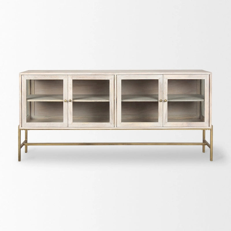 Arelius Blonde Solid Wood w/ Gold Iron Base & Glass Doors Sideboard - 70W x 32H x 18.75D