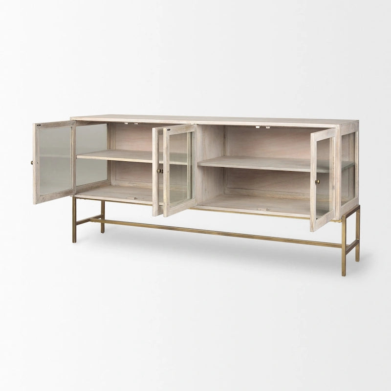 Arelius Blonde Solid Wood w/ Gold Iron Base & Glass Doors Sideboard - 70W x 32H x 18.75D