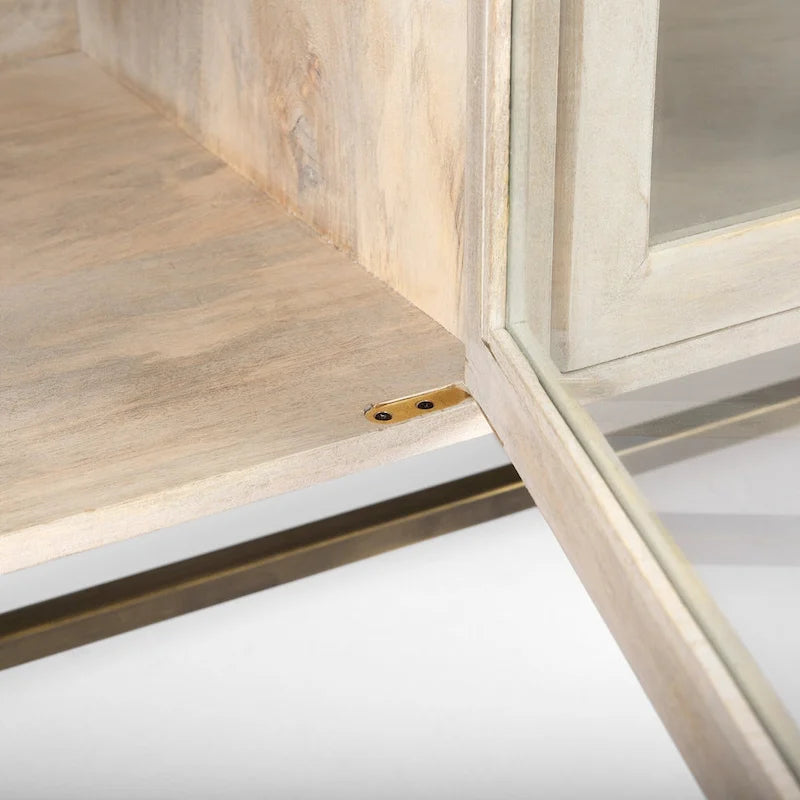 Arelius Blonde Solid Wood w/ Gold Iron Base & Glass Doors Sideboard - 70W x 32H x 18.75D