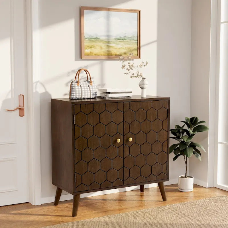 COSIEST Dark Brown Farmhouse Storage Cabinet with Honeycomb Pattern