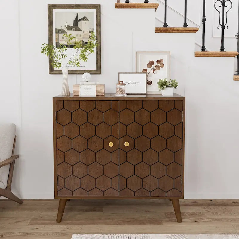 COSIEST Dark Brown Farmhouse Storage Cabinet with Honeycomb Pattern