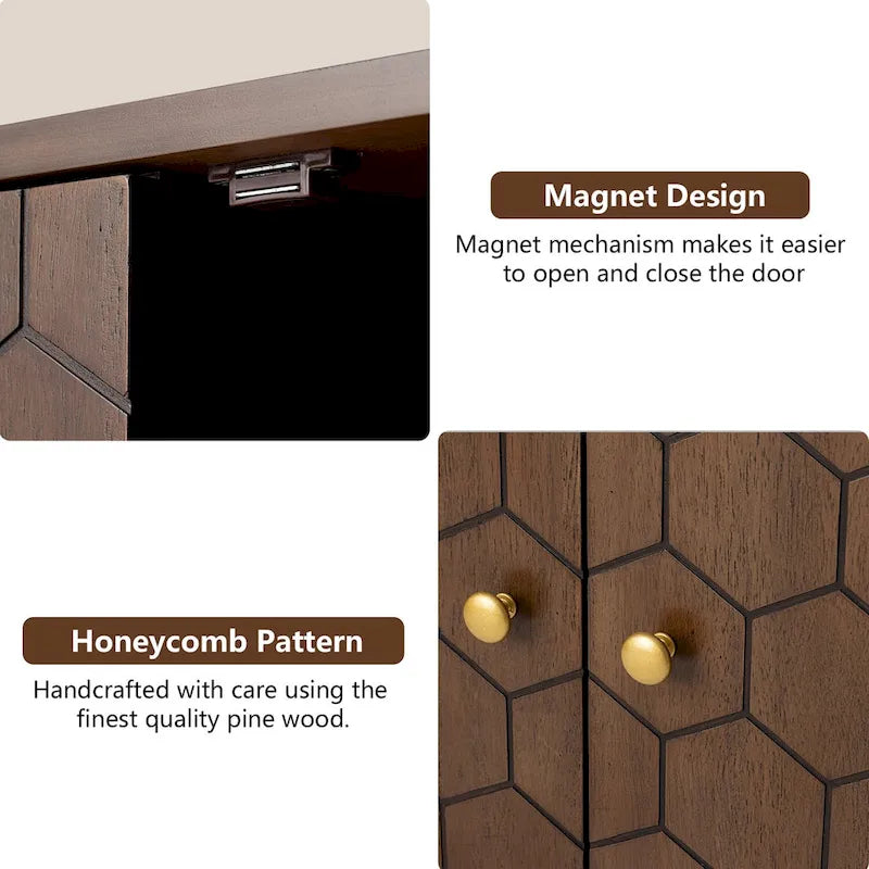 COSIEST Dark Brown Farmhouse Storage Cabinet with Honeycomb Pattern