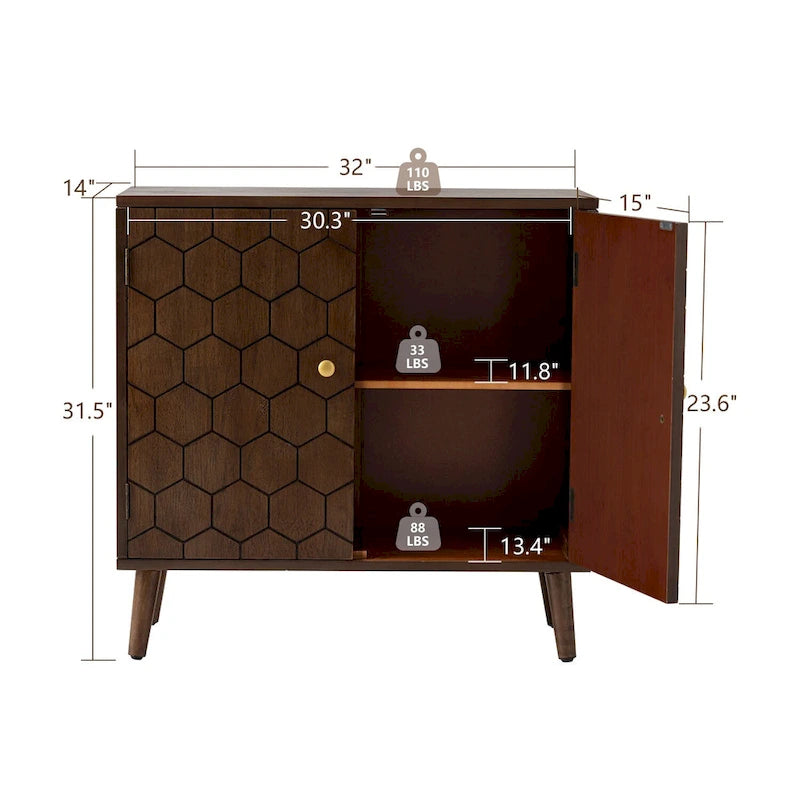 COSIEST Dark Brown Farmhouse Storage Cabinet with Honeycomb Pattern