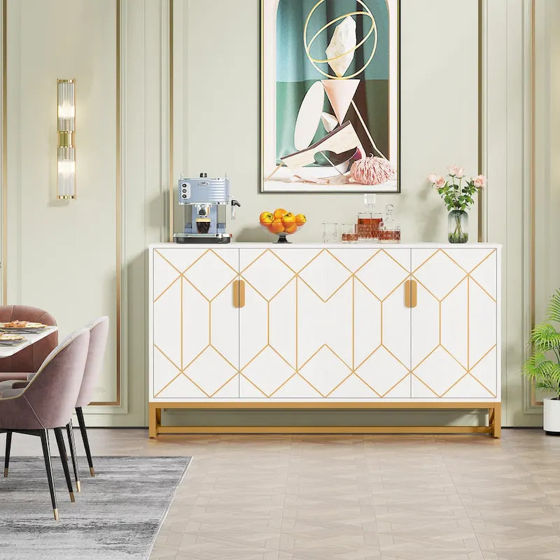 White Gold Buffet Cabinet with Storage Kitchen Sideboard Storage